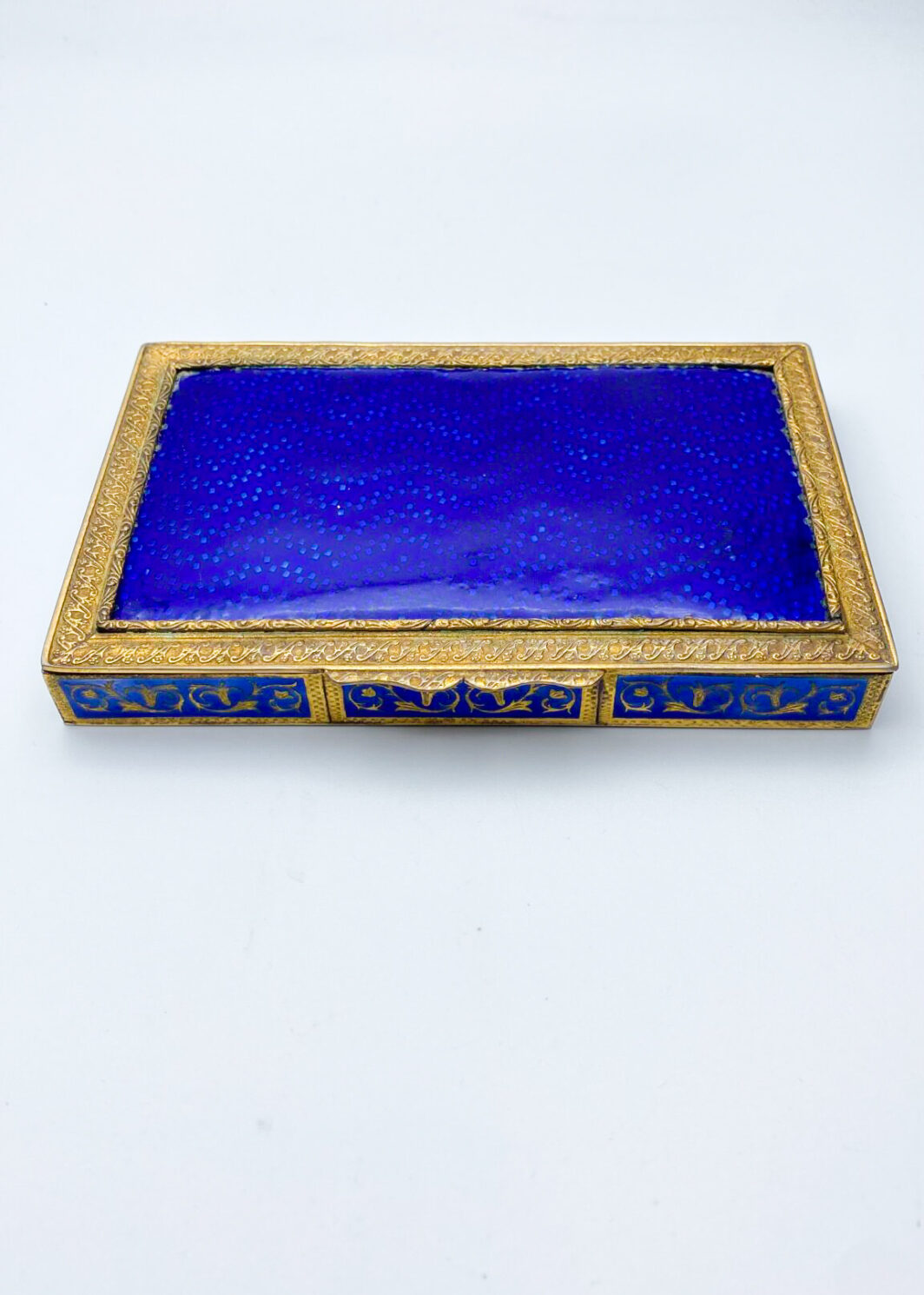 STRAORDINARIA SCATOLA DA SCRITTOIO IN BRONZO E SMALTI  A FUOCO BLU DE ROI. FRANCIA XIX SEC.