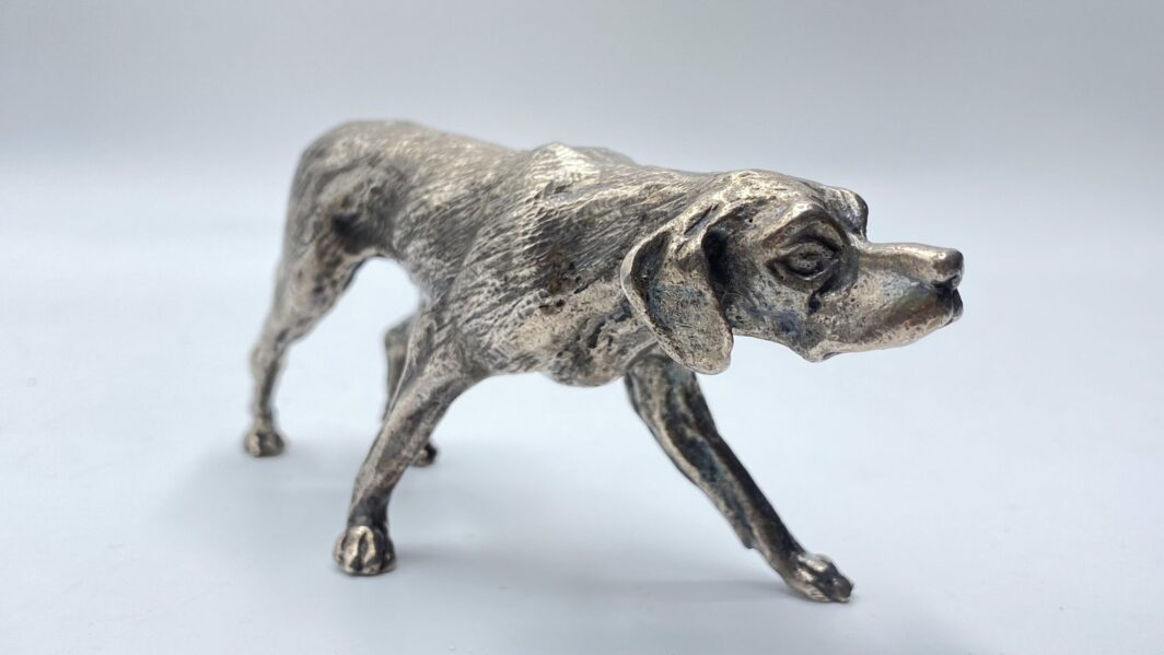 SCULTURA DI CANE DA CACCIA POINTER INGLESE IN ARGENTO MASSICCIO 925. XX sec. - immagine 4