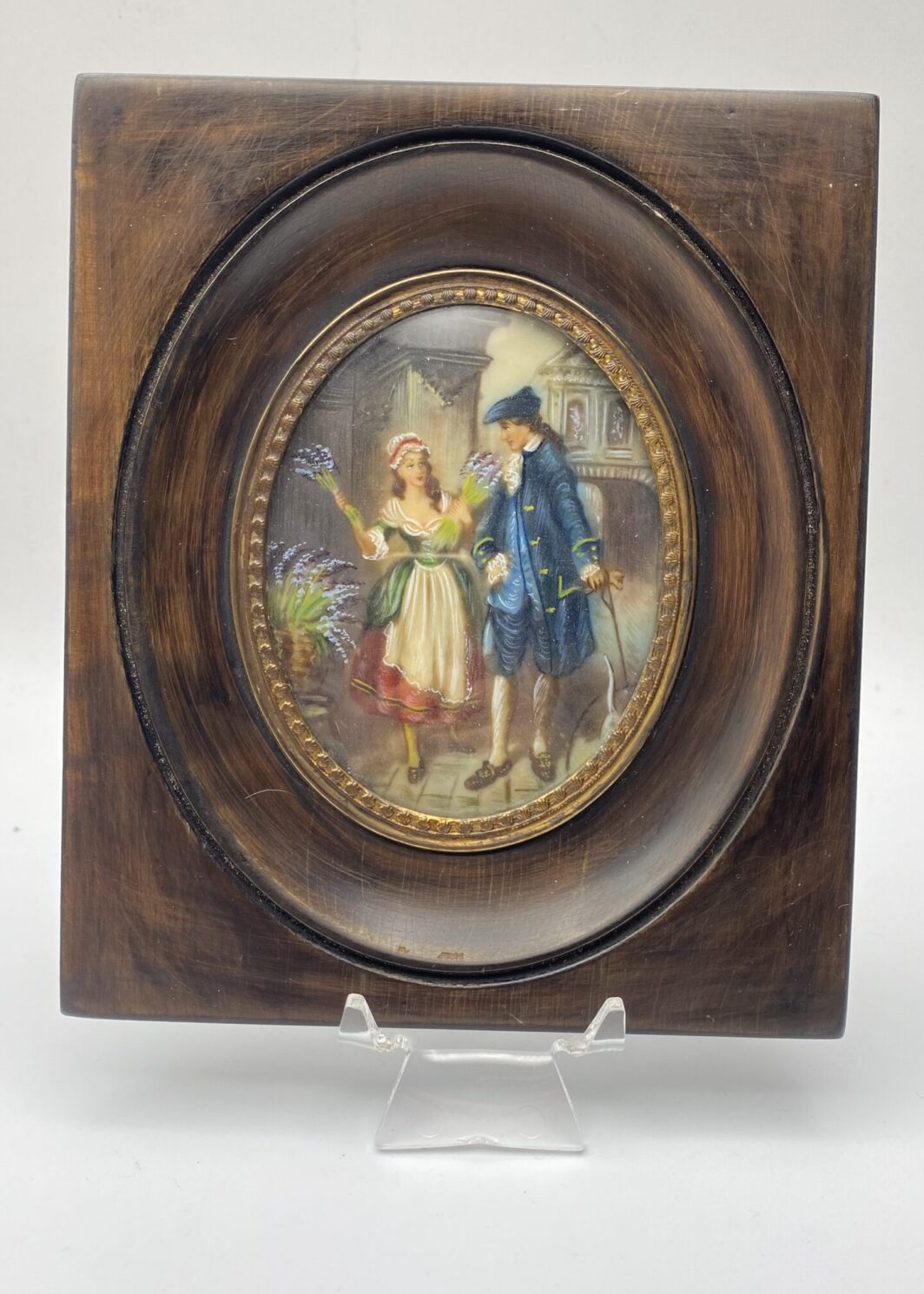 MINIATURA SU MATERIALE ORGANICO PREZIOSO, CON SCENA GALANTE EPOCA XIX sec.