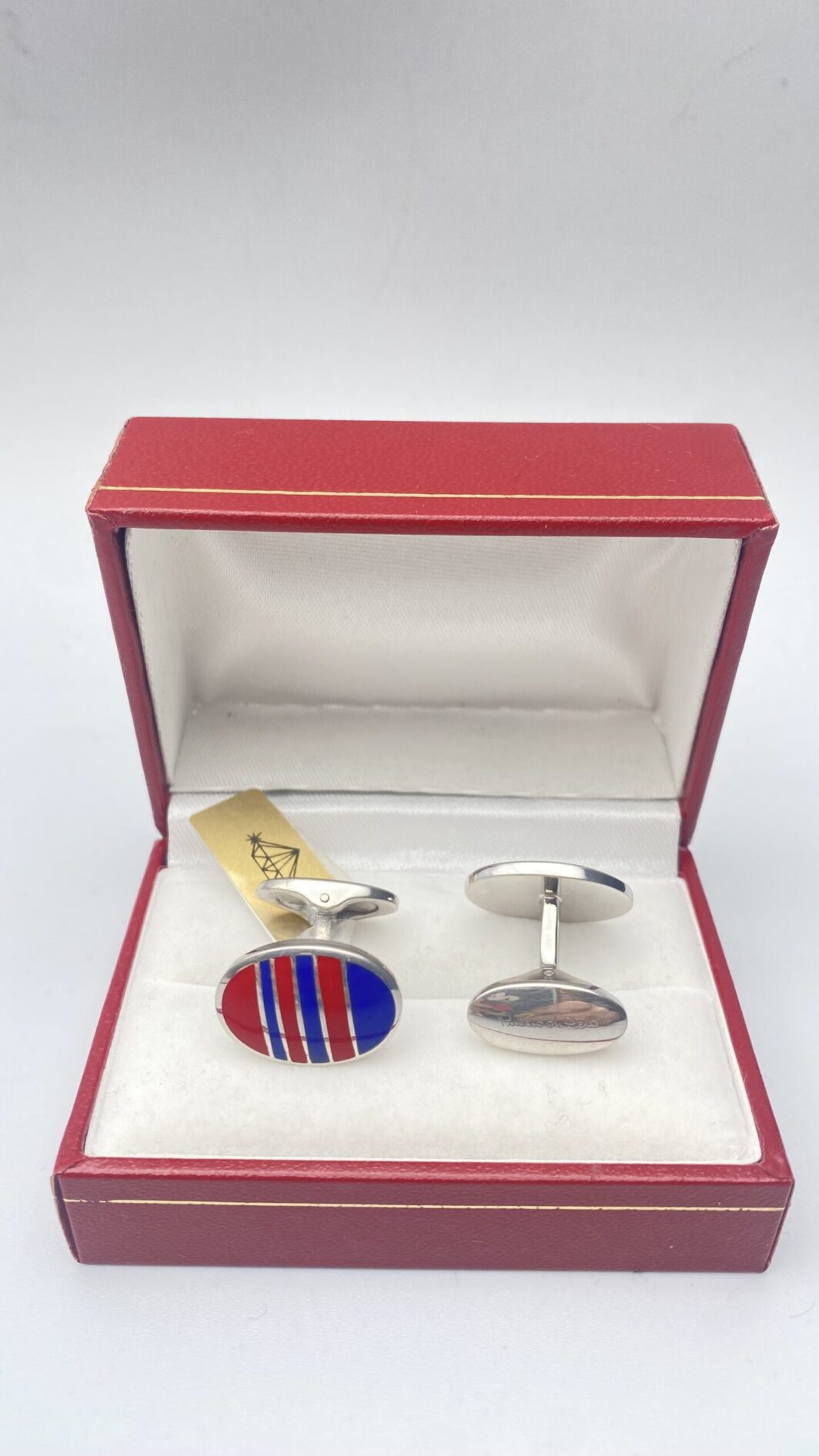 PAIO DI GEMELLI IN ARGENTO 925 A SMALTI TIPO REGIMENTAL BLU E ROSSO - immagine 2