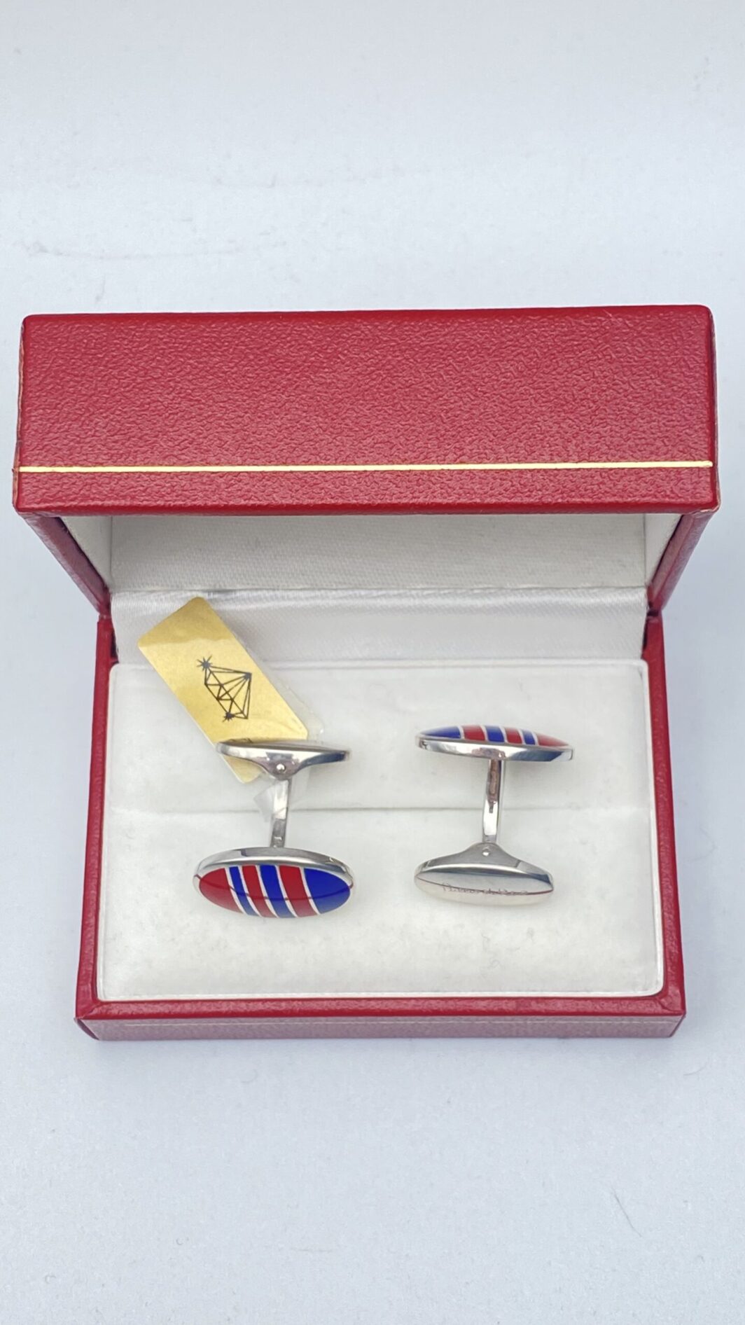 PAIO DI GEMELLI IN ARGENTO 925 A SMALTI TIPO REGIMENTAL BLU E ROSSO - immagine 3