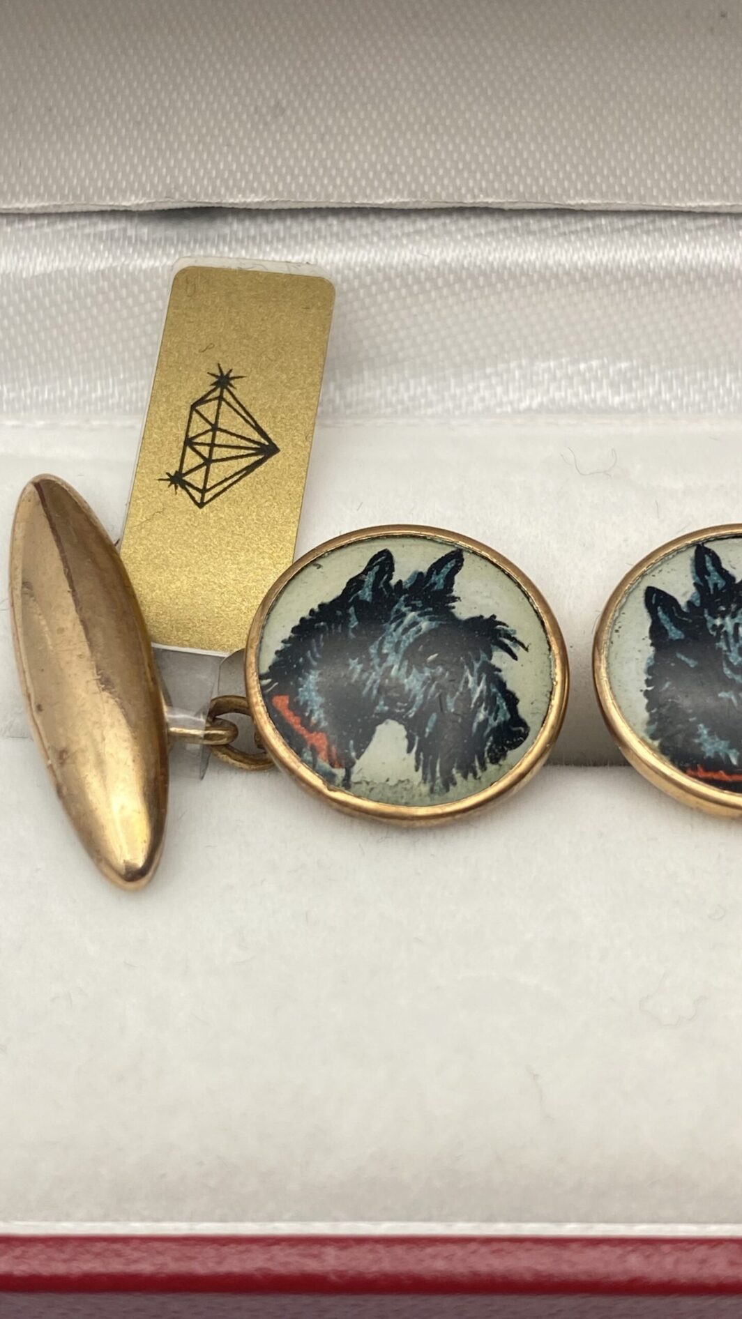 PAIO DI GEMELLI VINTAGE IN PINCHBECK E PLACCHE DI CELLULOIDE CON CANI SCOTTISH TERRIER - immagine 3