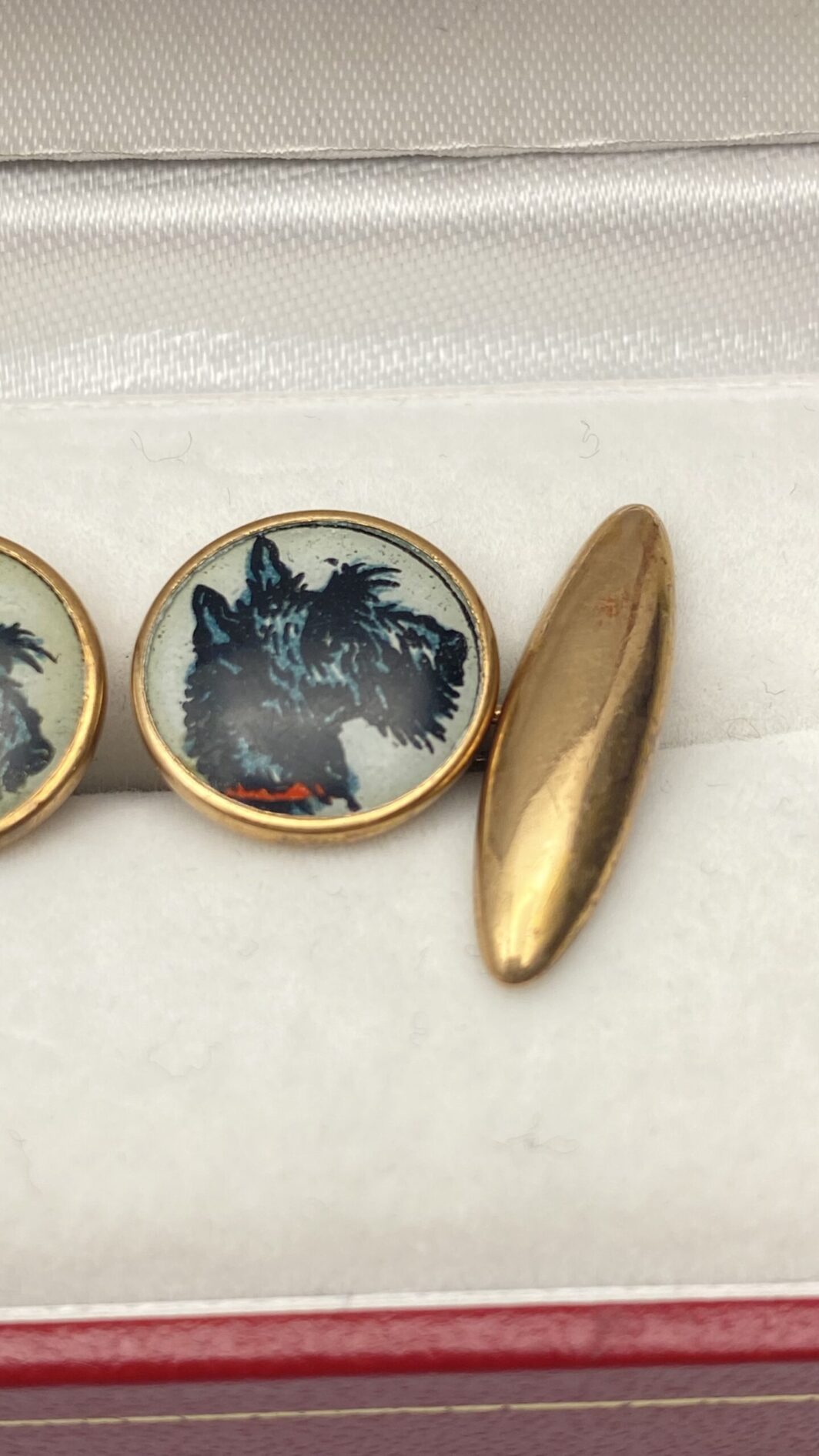 PAIO DI GEMELLI VINTAGE IN PINCHBECK E PLACCHE DI CELLULOIDE CON CANI SCOTTISH TERRIER - immagine 5