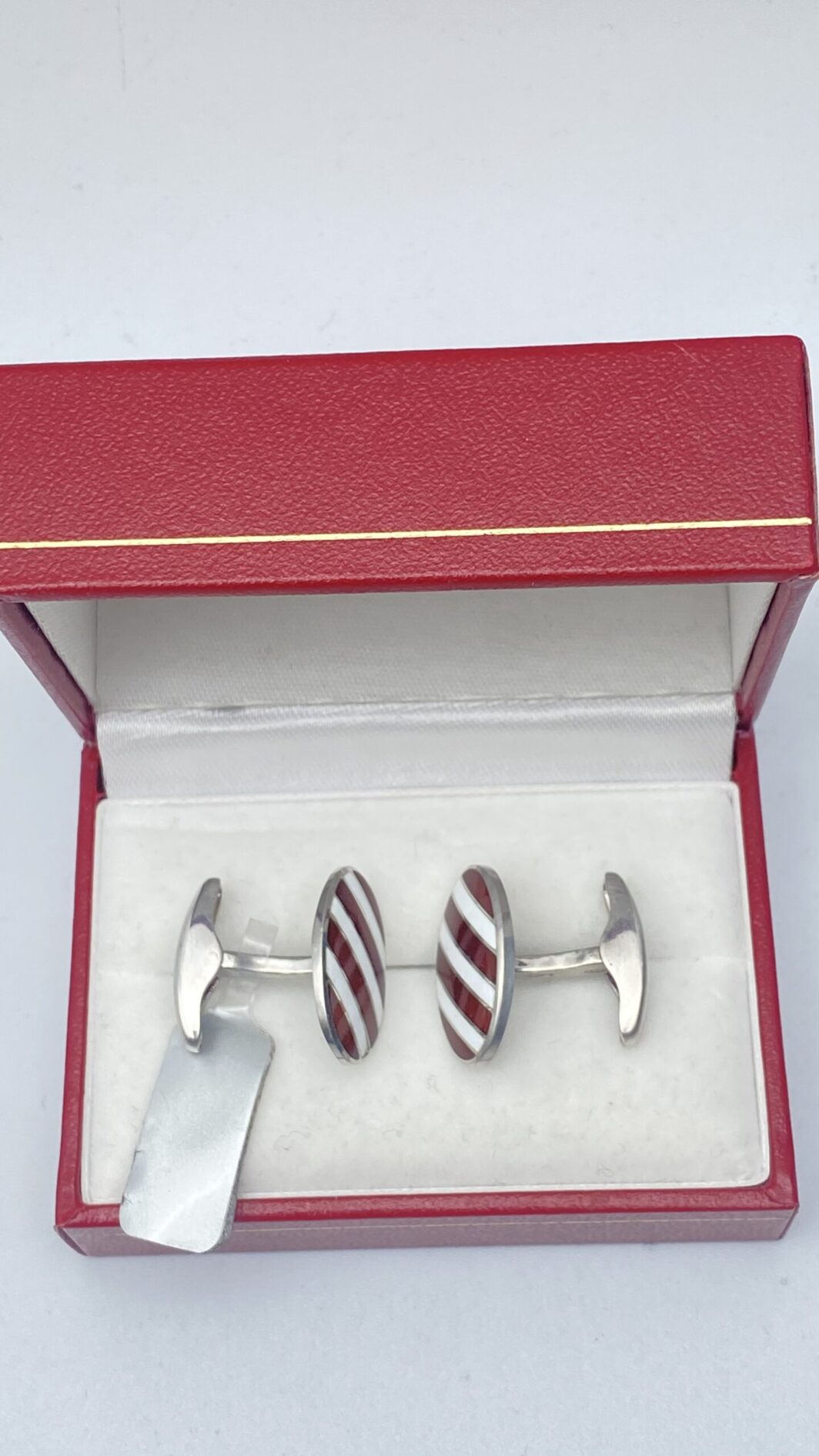PAIO DI GEMELLI IN ARGENTO 925 E SMALTI REGIMENTAL BIANCHI E ROSSI - immagine 4