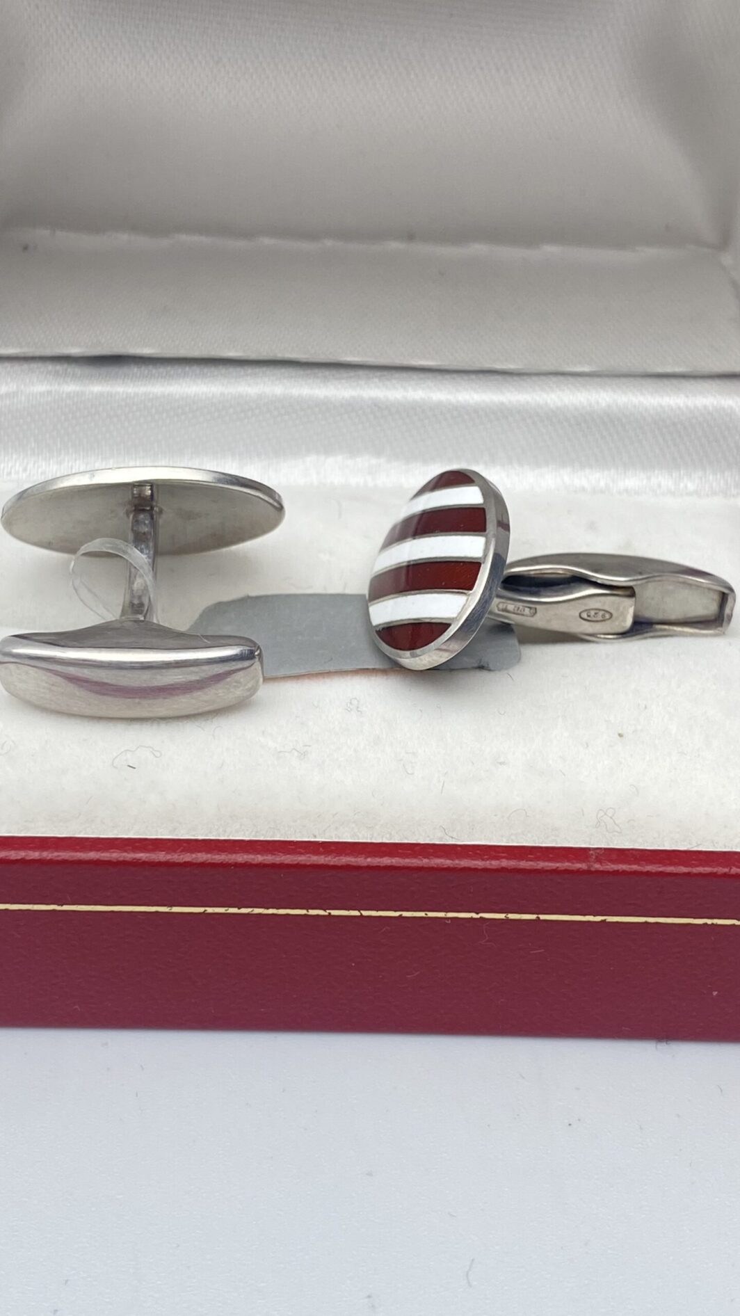 PAIO DI GEMELLI IN ARGENTO 925 E SMALTI REGIMENTAL BIANCHI E ROSSI - immagine 6