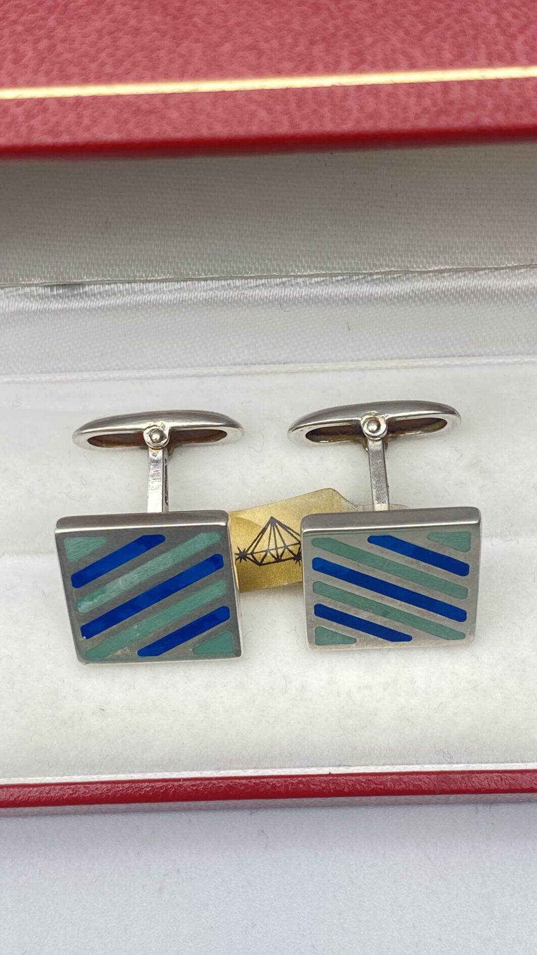 PAIO DI GEMELLI VINTAGE IN ARGENTO 925 E SMALTI COLOR TURCHESE E VERDE ACQUA - immagine 5
