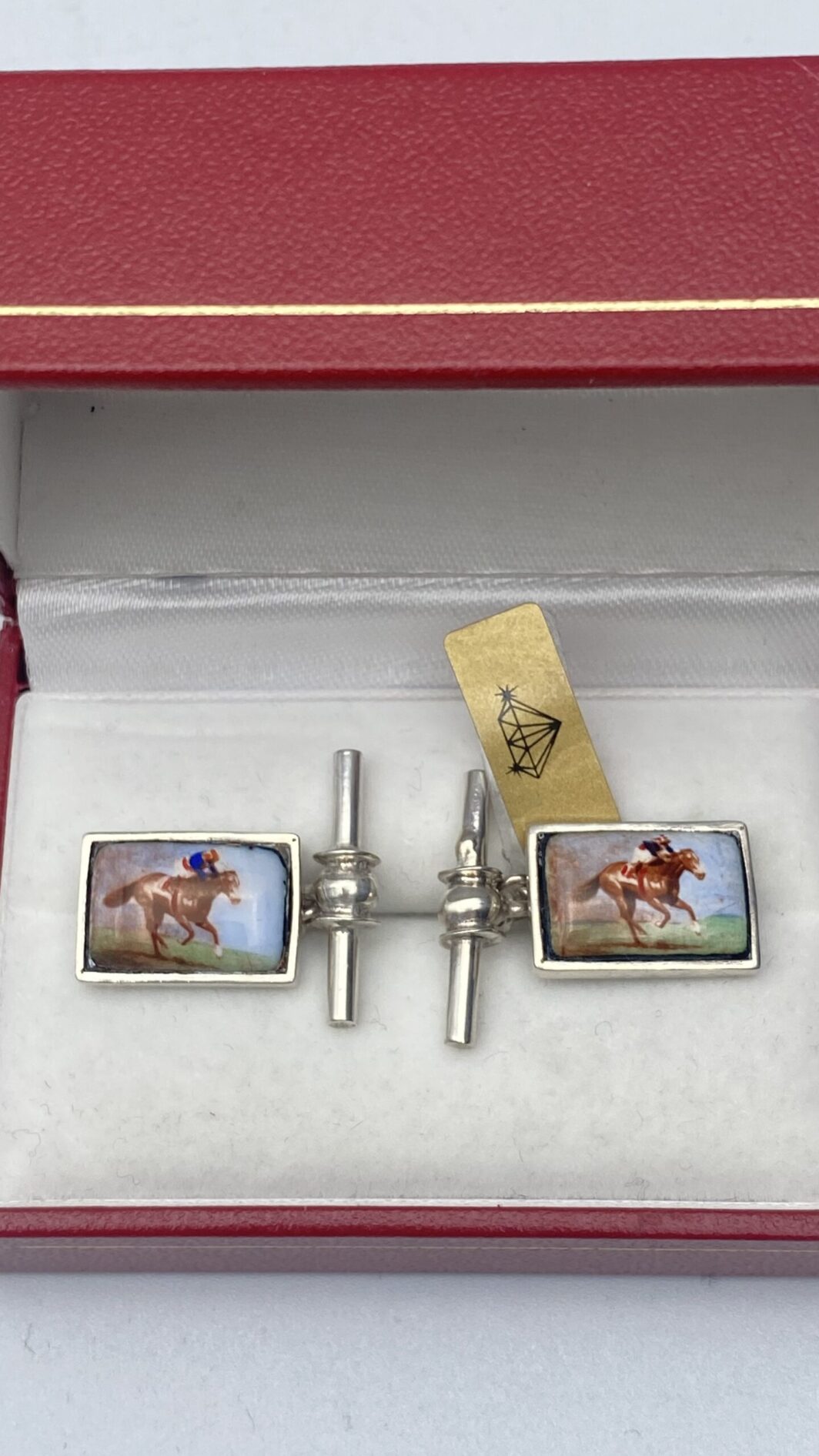 PAIO DI GEMELLI VINTAGE IN ARGENTO CON PLACCHE IN PORCELLANA SMALTATA - immagine 2