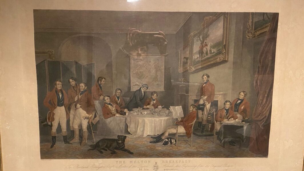 SPLENDIDA INCISIONE COLORATA A MANO, TRATTA DAL CELEBRE DIPINTO DI FRANCIS GRANT (1803-1878), "LA COLAZIONE MELTON" (1839). INGHILTERRA, SECONDA META' XIX SECOLO.