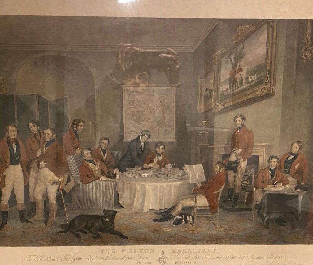 SPLENDIDA INCISIONE COLORATA A MANO, TRATTA DAL CELEBRE DIPINTO DI FRANCIS GRANT (1803-1878), "LA COLAZIONE MELTON" (1839). INGHILTERRA, SECONDA META' XIX SECOLO.