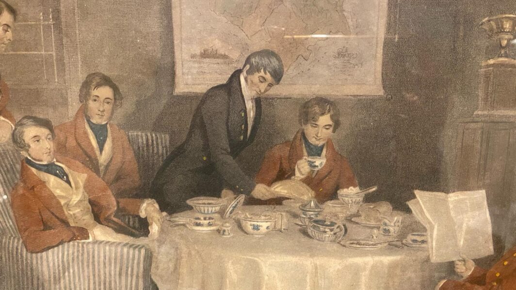 SPLENDIDA INCISIONE COLORATA A MANO, TRATTA DAL CELEBRE DIPINTO DI FRANCIS GRANT (1803-1878), "LA COLAZIONE MELTON" (1839). INGHILTERRA, SECONDA META' XIX SECOLO. - immagine 13