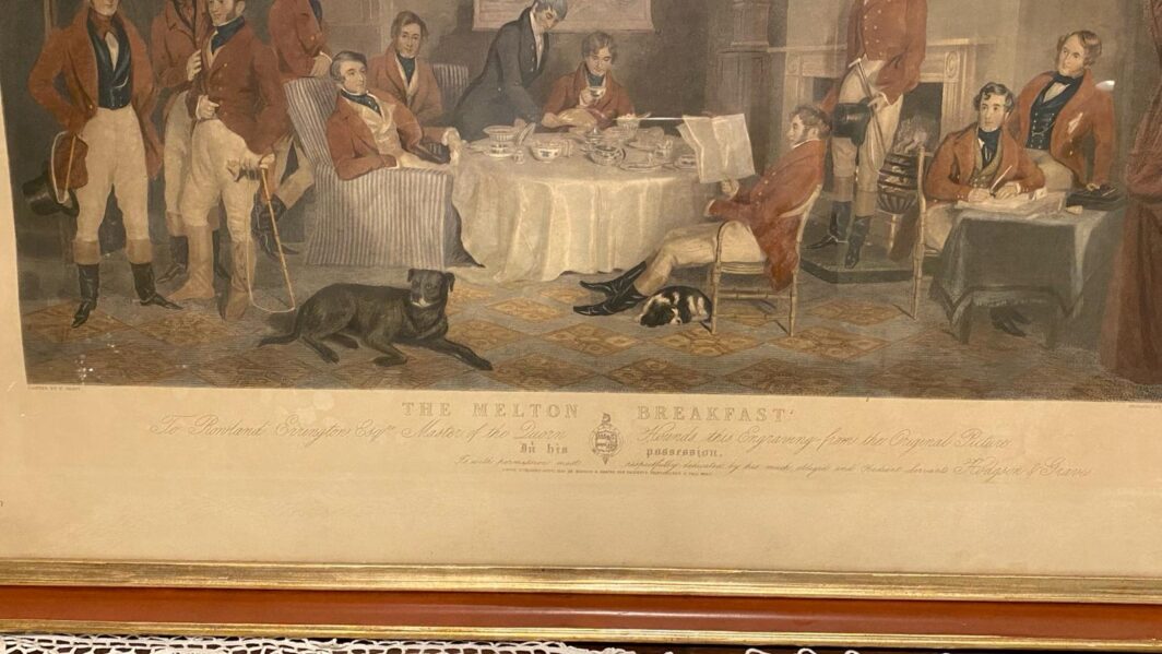 SPLENDIDA INCISIONE COLORATA A MANO, TRATTA DAL CELEBRE DIPINTO DI FRANCIS GRANT (1803-1878), "LA COLAZIONE MELTON" (1839). INGHILTERRA, SECONDA META' XIX SECOLO. - immagine 6