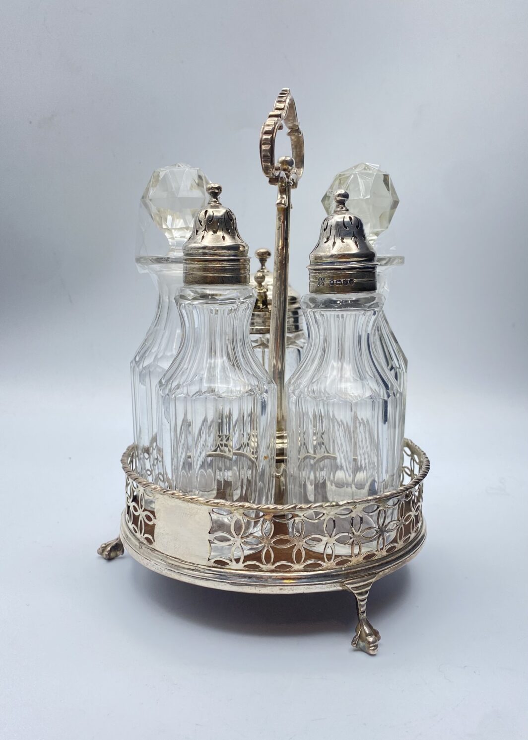 ANTICHISSIMA CRUETTE IN ARGENTO E CRISTALLO, BOLLI CITTA' DI LONDRA, 1757