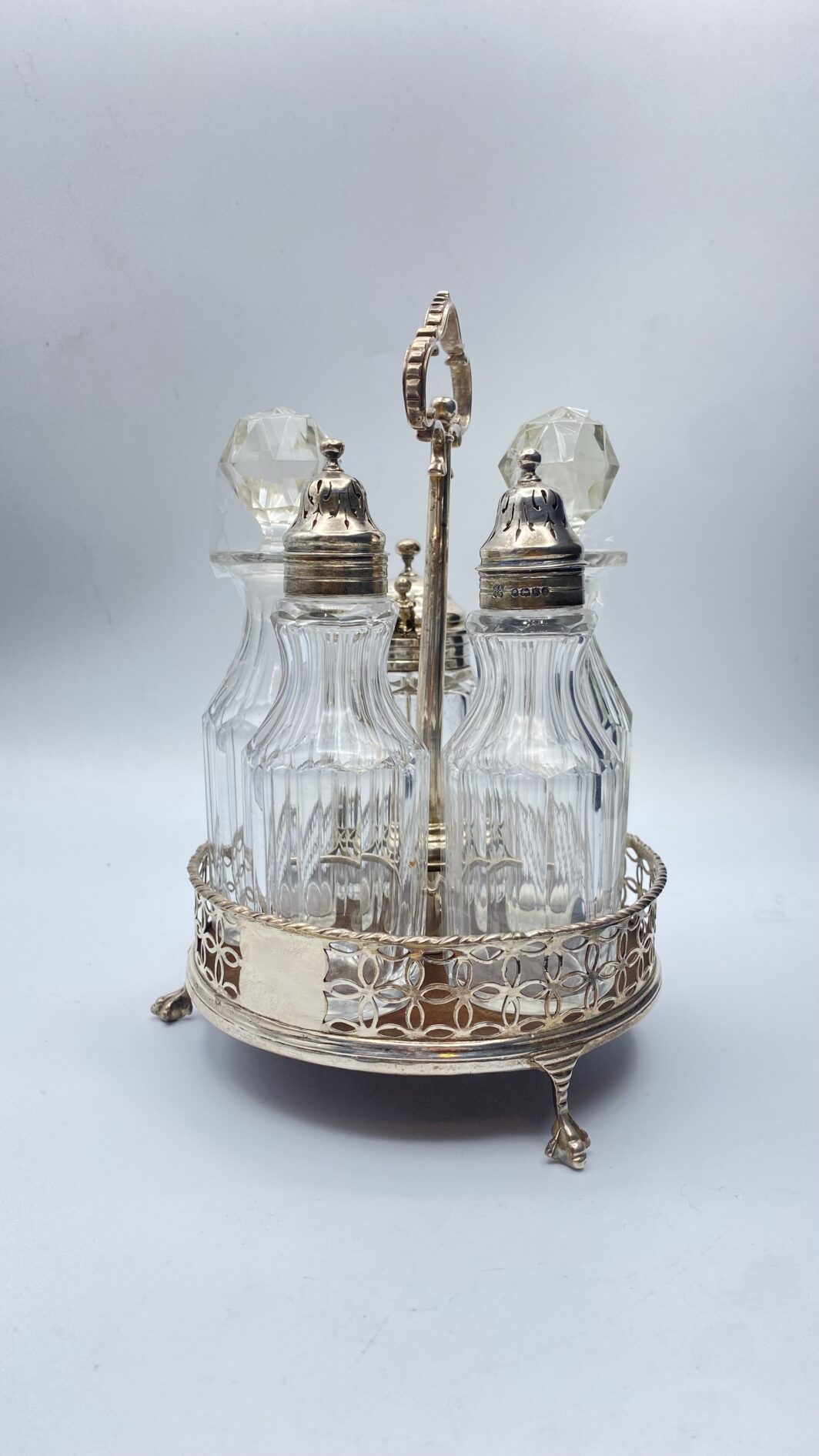 ANTICHISSIMA CRUETTE IN ARGENTO E CRISTALLO, BOLLI CITTA' DI LONDRA, 1757