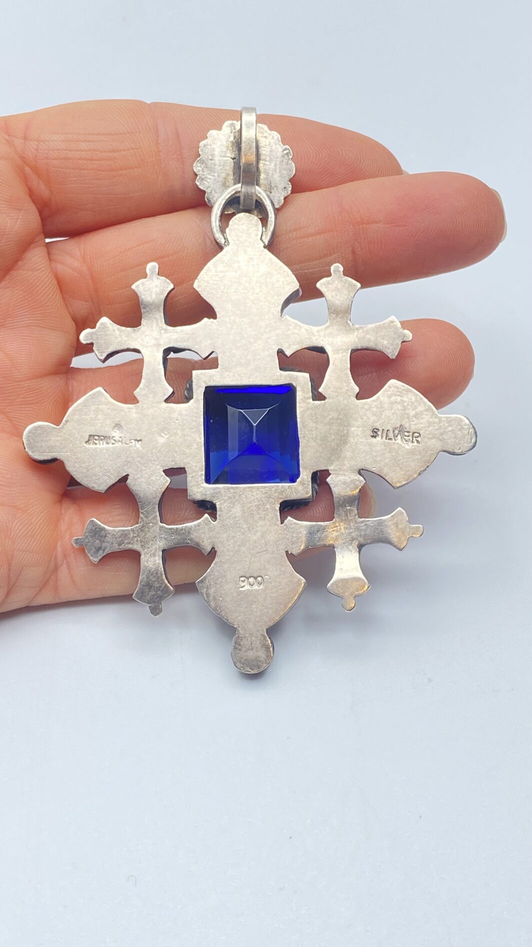 CROCE DEL REAL ORDINE DEL SANTO SEPOLCRO DI GERUSALEMME IN ARGENTO MASSICCIO E PIETRA BLU CENTRALE. XX sec. - immagine 6