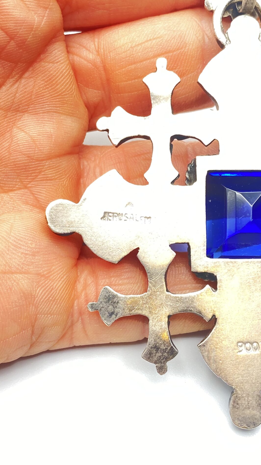 CROCE DEL REAL ORDINE DEL SANTO SEPOLCRO DI GERUSALEMME IN ARGENTO MASSICCIO E PIETRA BLU CENTRALE. XX sec. - immagine 3