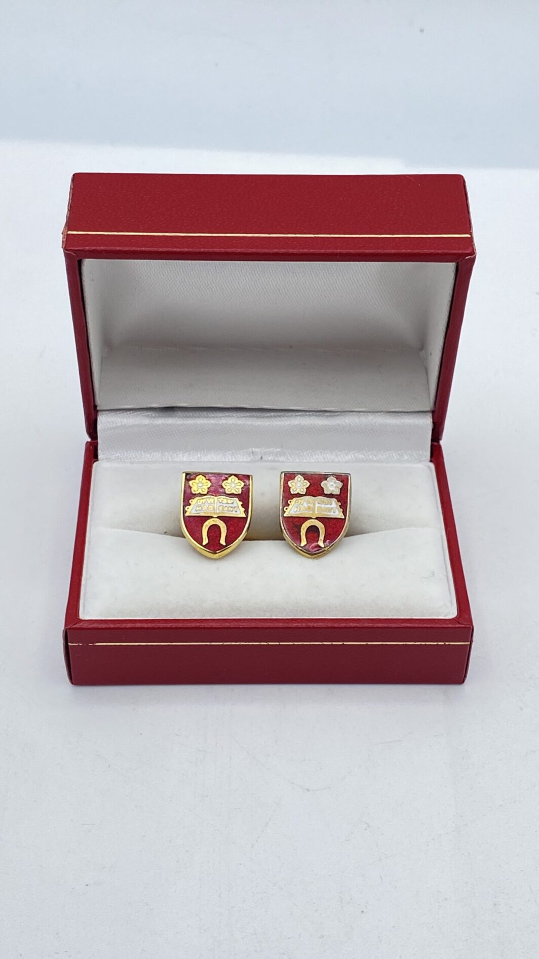 “UNIVERSITY OF LEICESTER”. GEMELLI VINTAGE. METALLO DORATO E SMALTI.