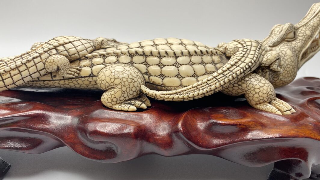 COCCODRILLO IN AVORIO, CON FIRMA DELLO SCULTORE SUL VENTRE. GIAPPONE, INIZI XX sec. - immagine 12