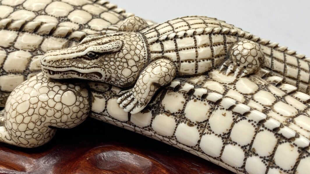 COCCODRILLO IN AVORIO, CON FIRMA DELLO SCULTORE SUL VENTRE. GIAPPONE, INIZI XX sec. - immagine 19