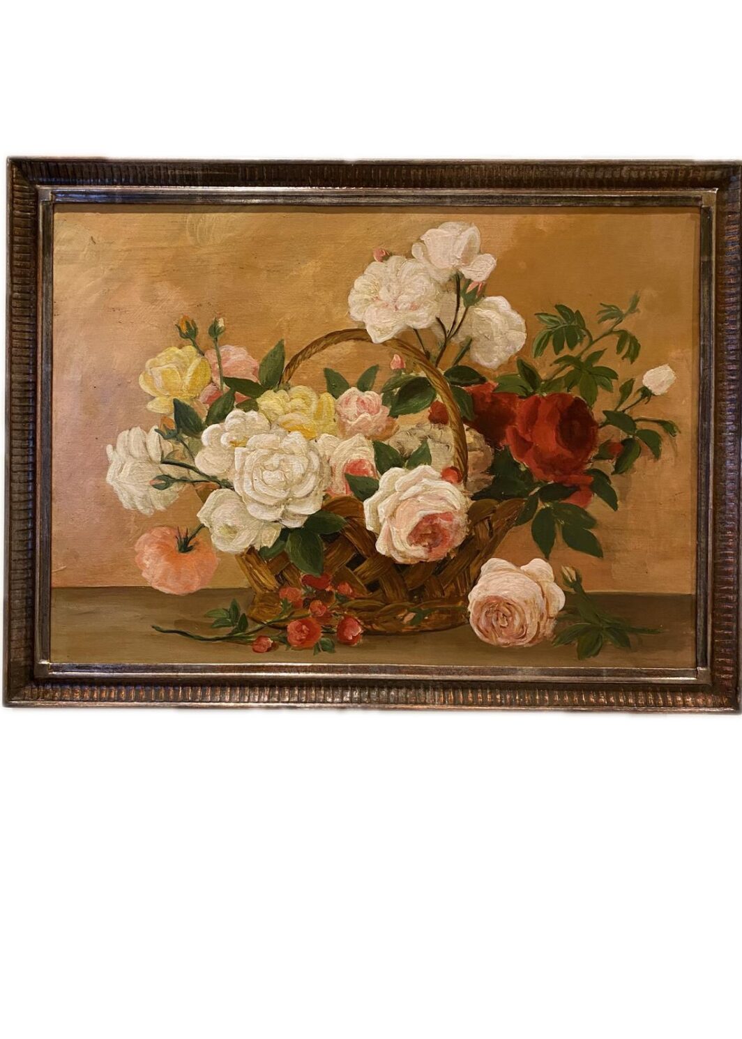 DIPINTO OLIO SU TELA CESTO CON ROSE ANNI '20