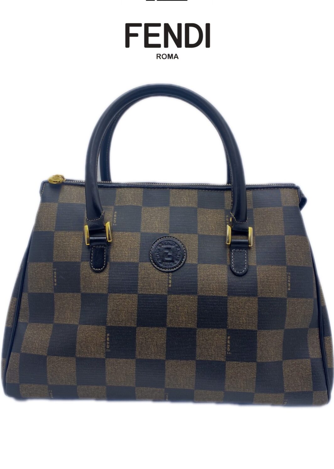 FENDI PEQUIN PVC BORSA A MANO VINTAGE IN PELLE MARRONE NERO