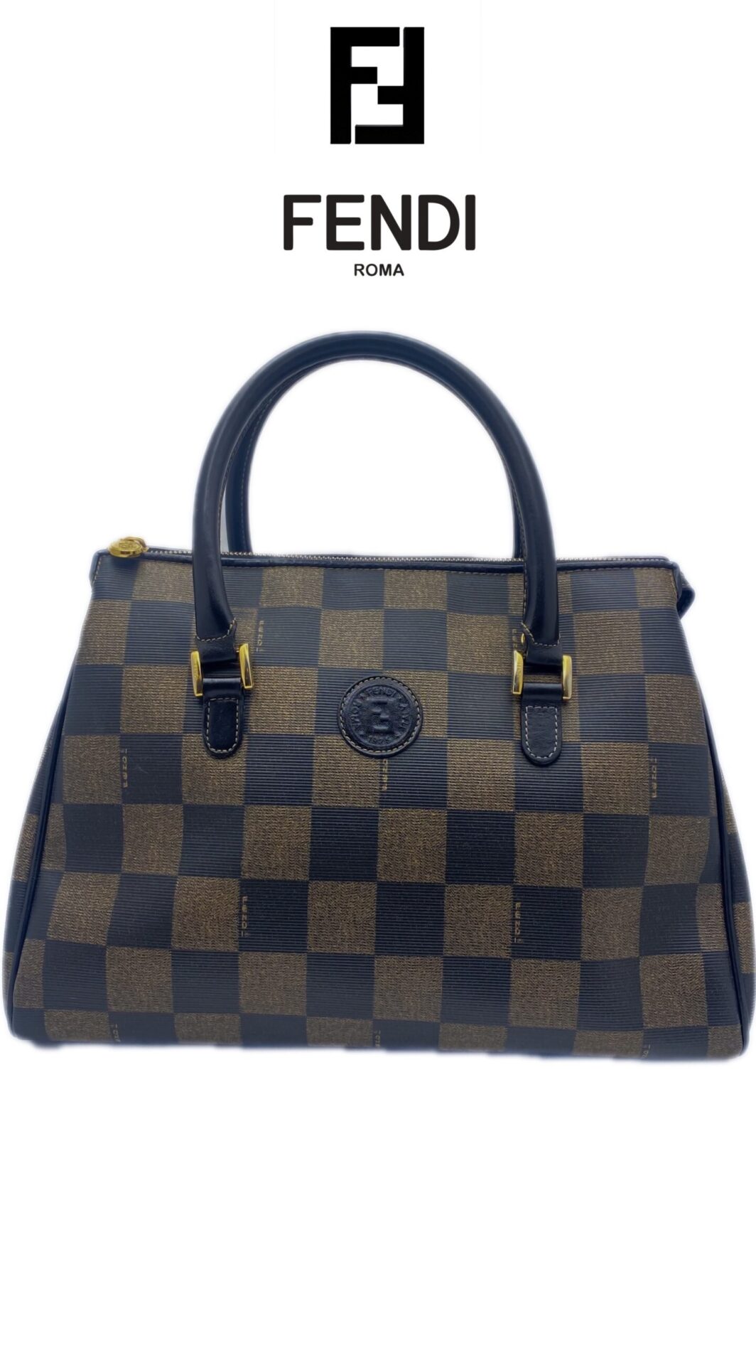 FENDI PEQUIN PVC BORSA A MANO VINTAGE IN PELLE MARRONE NERO