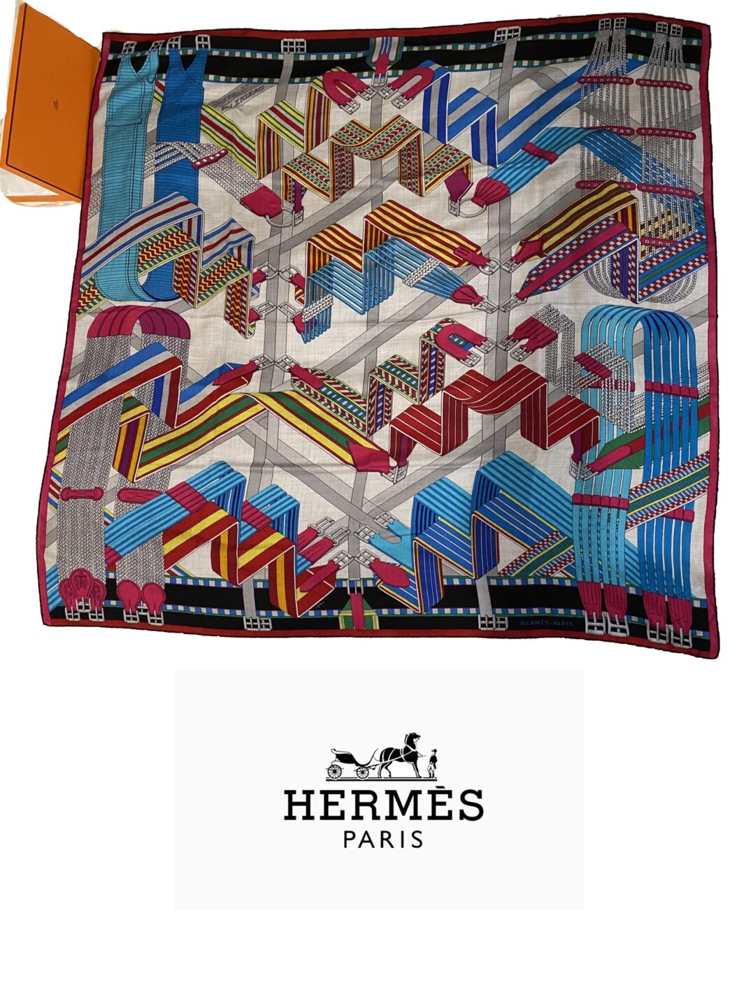 HERMÈS CHÂLE VINTAGE “SANGLES EN ZIGZAG” by VIRGINIE JAMIN (140cm). IN CASHMERE E SETA, CON SCATOLA ORIGINALE. FRANCIA 2020 ca. - immagine 2
