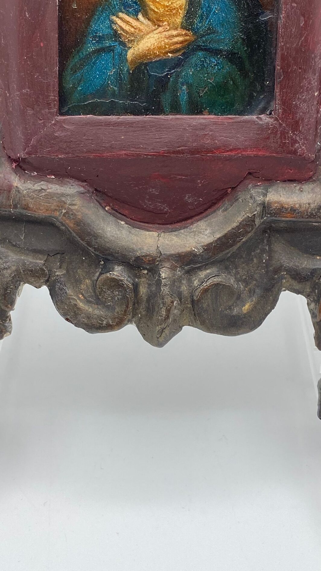 MADONNA DEL XVIII SECOLO DIPINTA SU RAME CON CORNICE IN LEGNO INTAGLIATO COEVA. - immagine 8