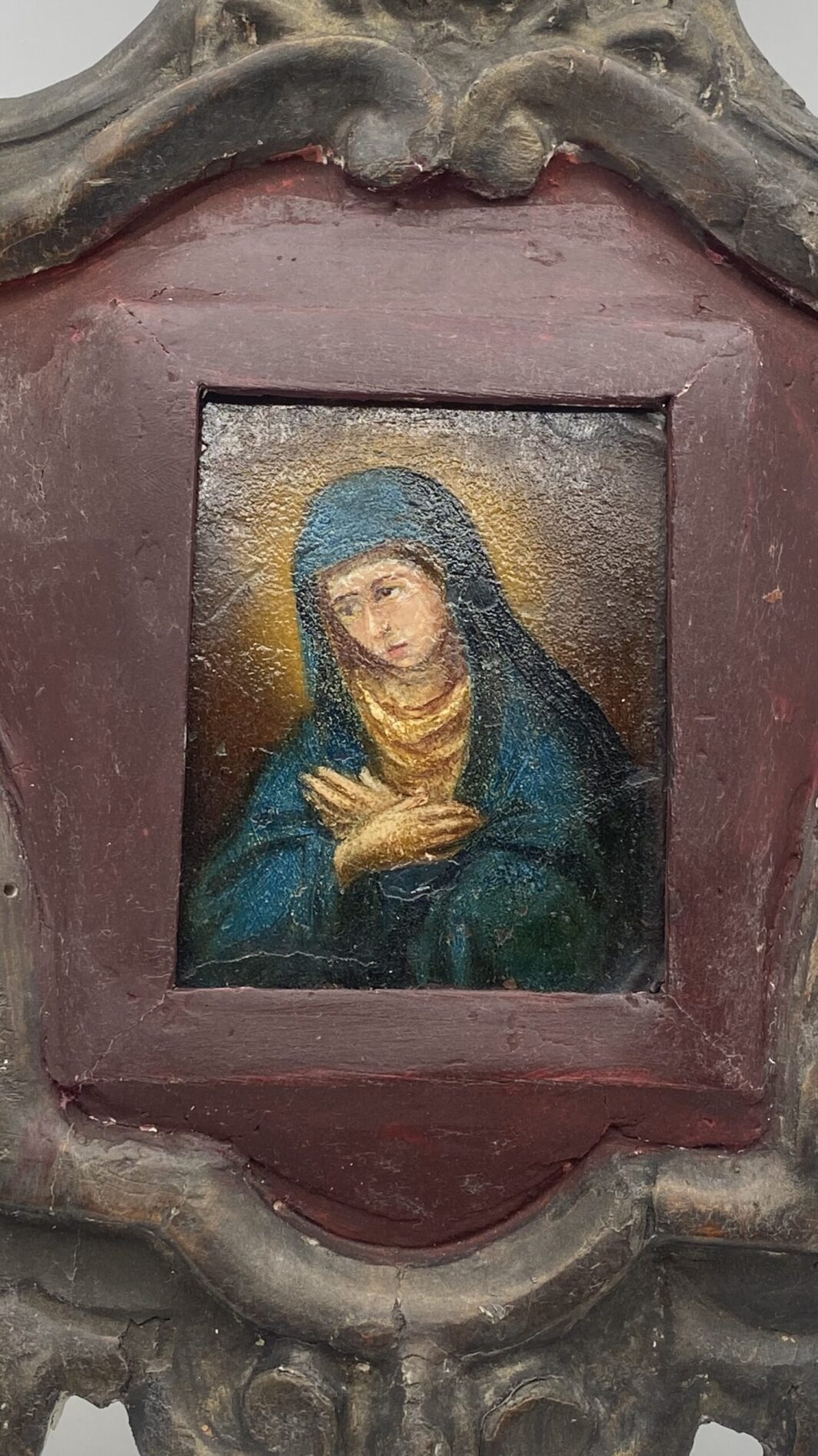MADONNA DEL XVIII SECOLO DIPINTA SU RAME CON CORNICE IN LEGNO INTAGLIATO COEVA. - immagine 10