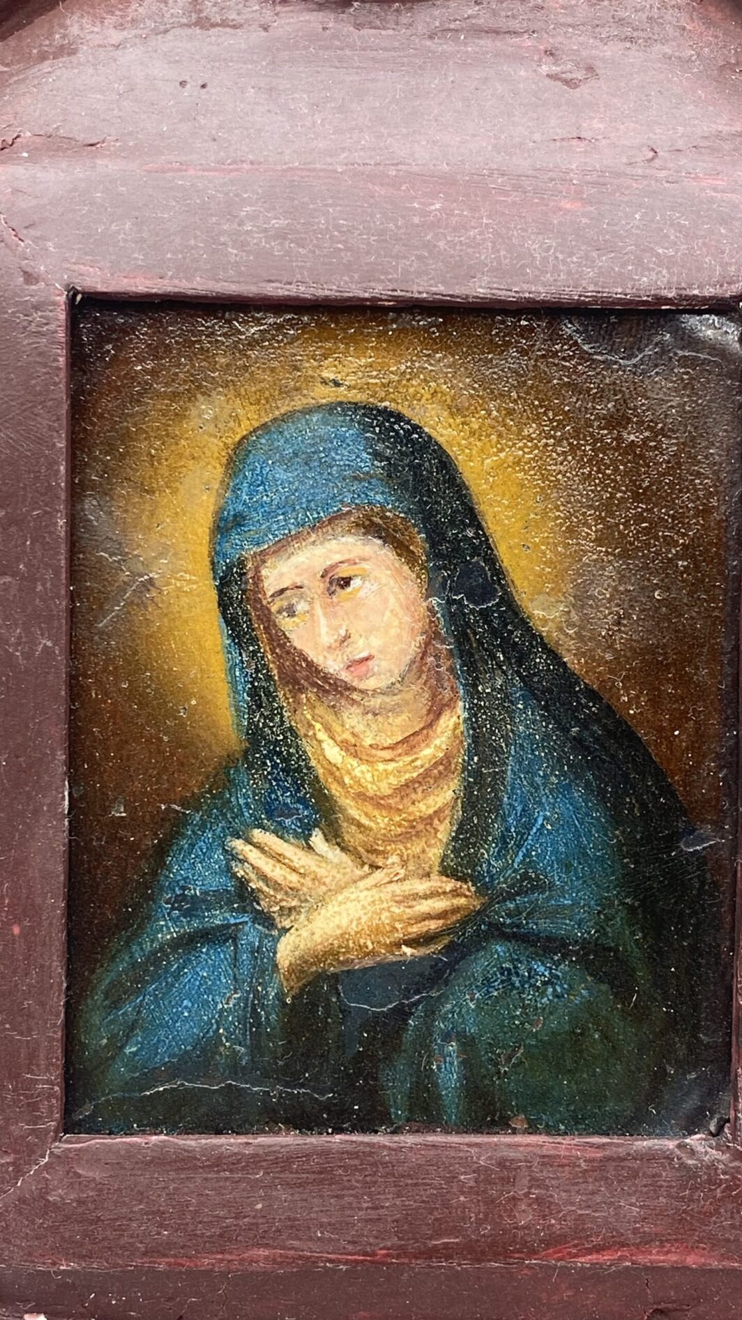 MADONNA DEL XVIII SECOLO DIPINTA SU RAME CON CORNICE IN LEGNO INTAGLIATO COEVA. - immagine 9