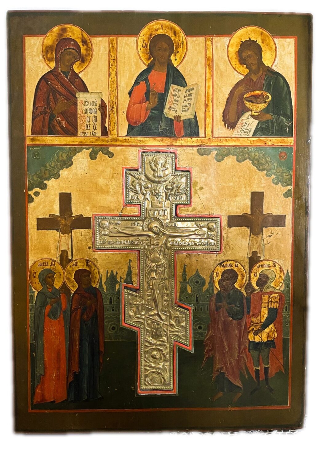 STRAORDINARIA ICONA RUSSA DELLA CROCIFISSIONE CON CROCE IN BRONZO. INIZI XIX sec.