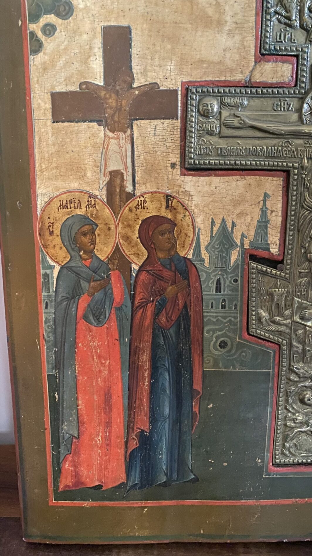 STRAORDINARIA ICONA RUSSA DELLA CROCIFISSIONE CON CROCE IN BRONZO. INIZI XIX sec. - immagine 7