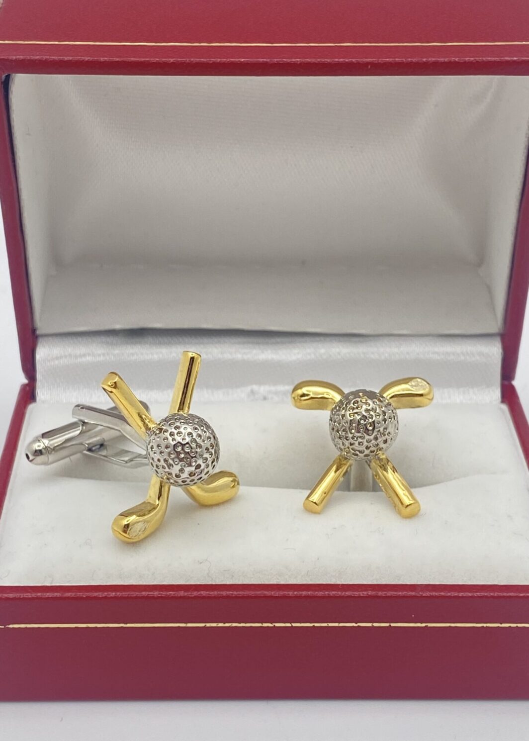 SPLENDIDI GEMELLI VINTAGE IN ARGENTO 925 CON MAZZE DA GOLF DORATE E PALLINA LAVORATA