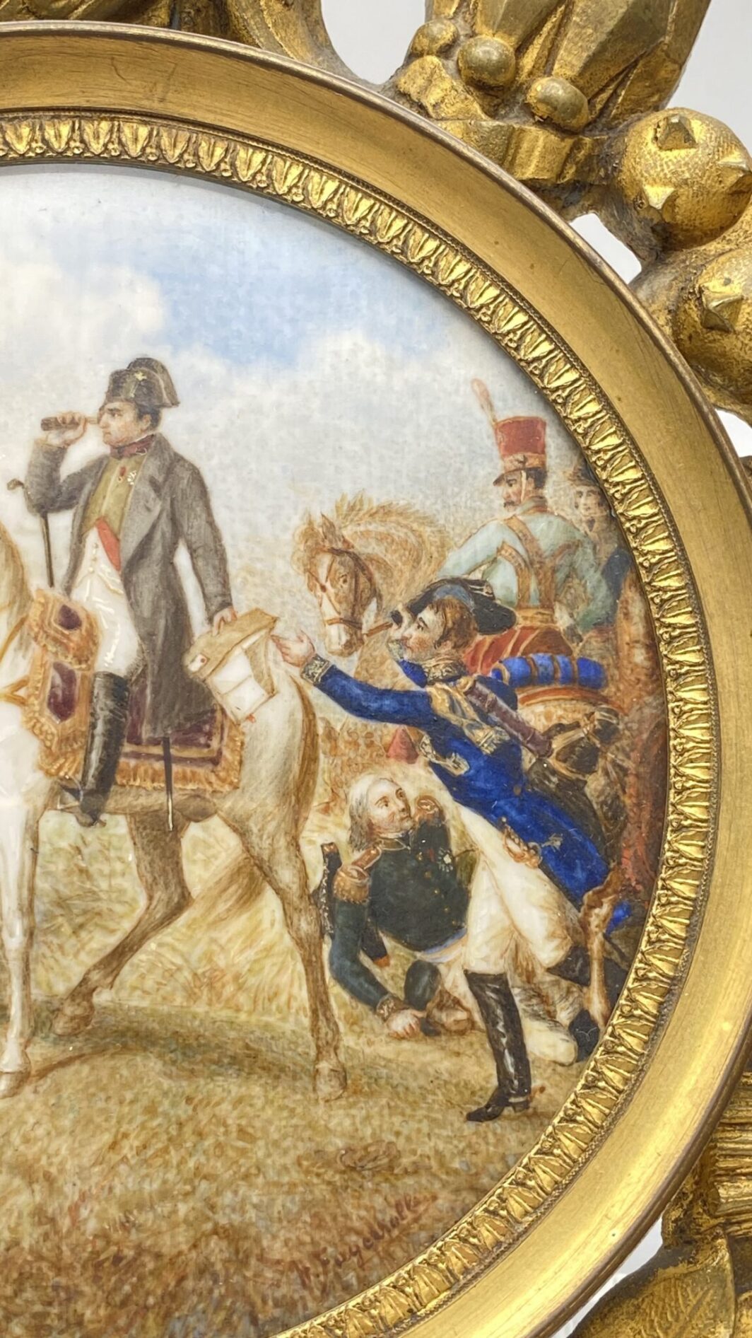 O. VERNET D’APRÉS MINIATURA DIPINTA SU AVORIO, DI NAPOLEONE BONAPARTE DURANTE LA BATTAGLIA DI WAGRAM, CON PREGIATA CORNICE IN BRONZO DORATO COEVA. FRANCIA, PRIMA METÀ DEL XIX sec. - immagine 11