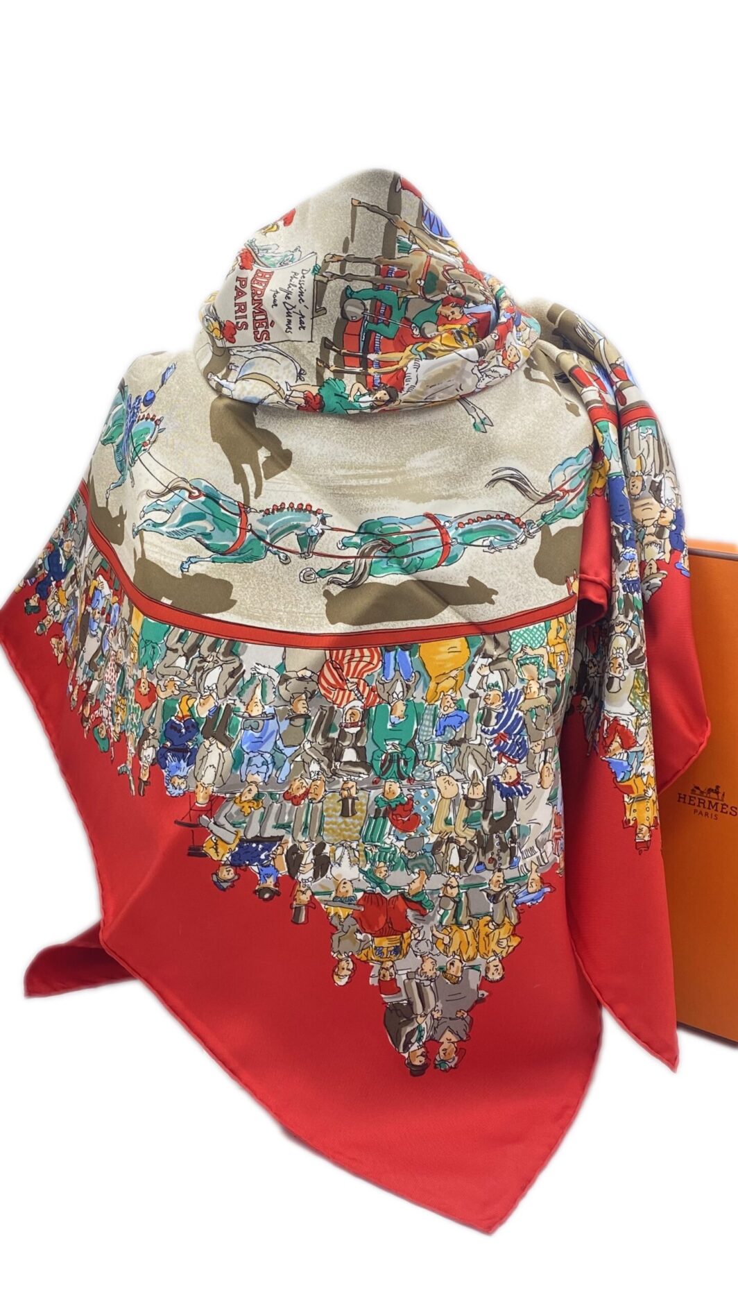 HERMÈS. CARRÉ 90 VINTAGE “CIRQUE MOLIER” BY PHILIPPE DUMAS. PARIGI, ANNI ‘80. CON SCATOLA ORIGINALE. - immagine 5
