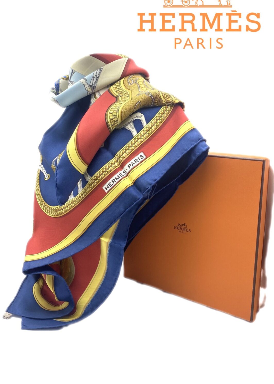HERMÈS. CARRÉ 90 VINTAGE “GRAND APPARAT” BY JACQUES EUDEL. PARIGI, ANNI ‘60. CON SCATOLA ORIGINALE.
