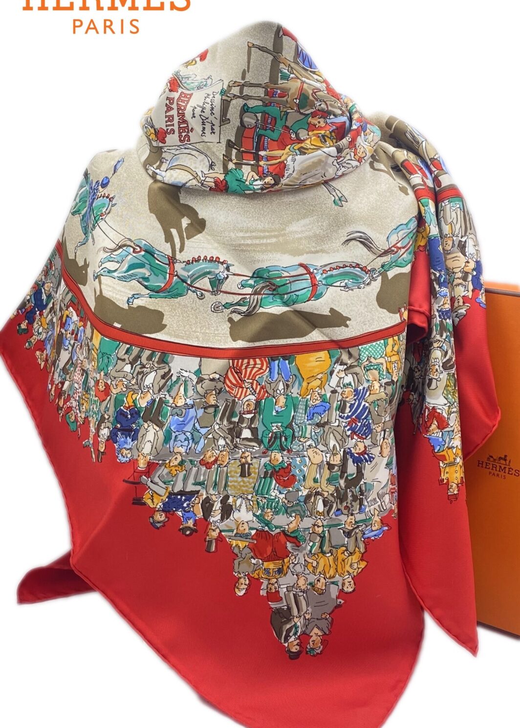 HERMÈS. CARRÉ 90 VINTAGE “CIRQUE MOLIER” BY PHILIPPE DUMAS. PARIGI, ANNI ‘80. CON SCATOLA ORIGINALE.