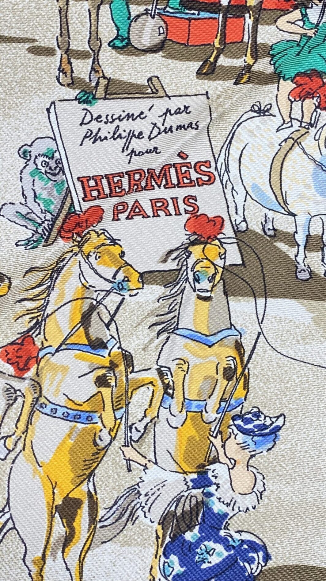 HERMÈS. CARRÉ 90 VINTAGE “CIRQUE MOLIER” BY PHILIPPE DUMAS. PARIGI, ANNI ‘80. CON SCATOLA ORIGINALE. - immagine 19