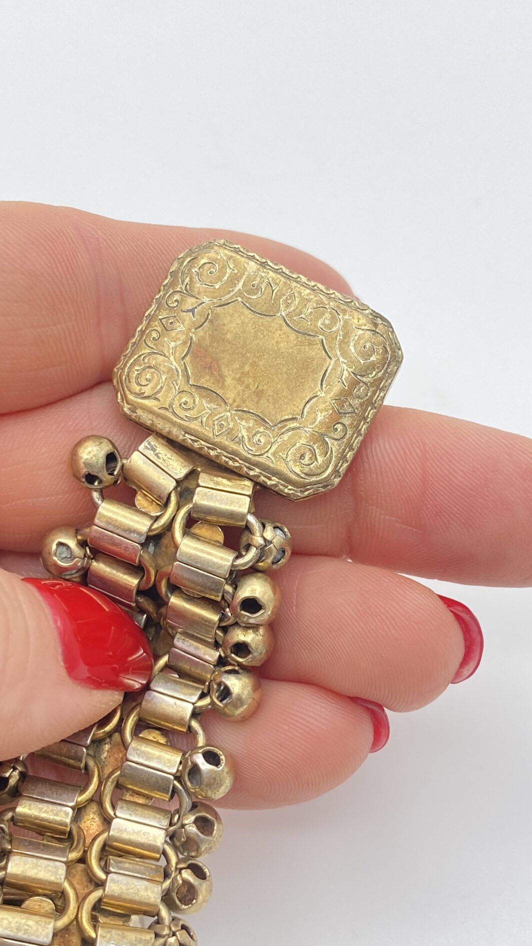 BRACCIALE VITTORIANO IN PINCHBECK CON GIGLI FIORENTINI E SFERE MOBILI - immagine 9