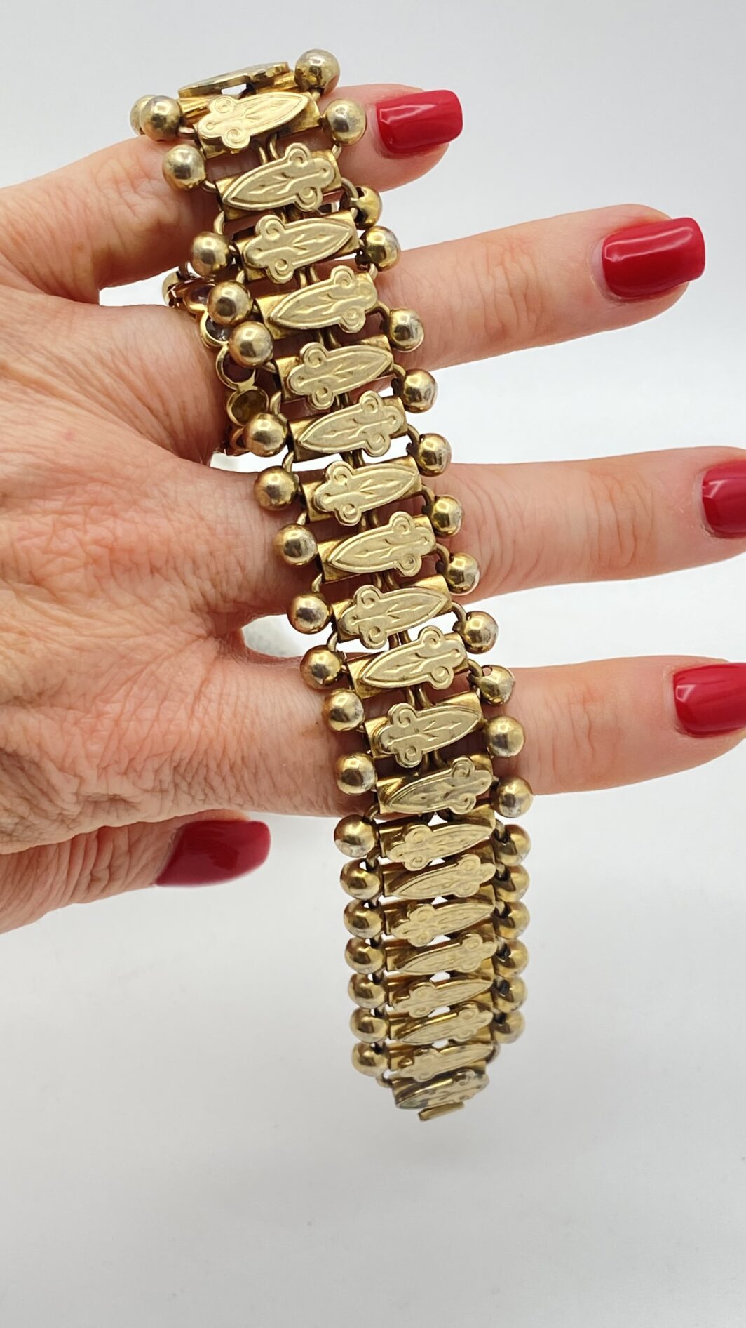 BRACCIALE VITTORIANO IN PINCHBECK CON GIGLI FIORENTINI E SFERE MOBILI - immagine 6
