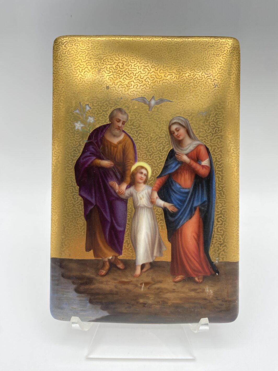 IMPORTANTE E RARA PLACCA IN PORCELLANA DIPINTA A MANO CON ORO ZECCHINO - SACRA FAMIGLIA, FIRENZE E ROMA, FINE OTTOCENTO