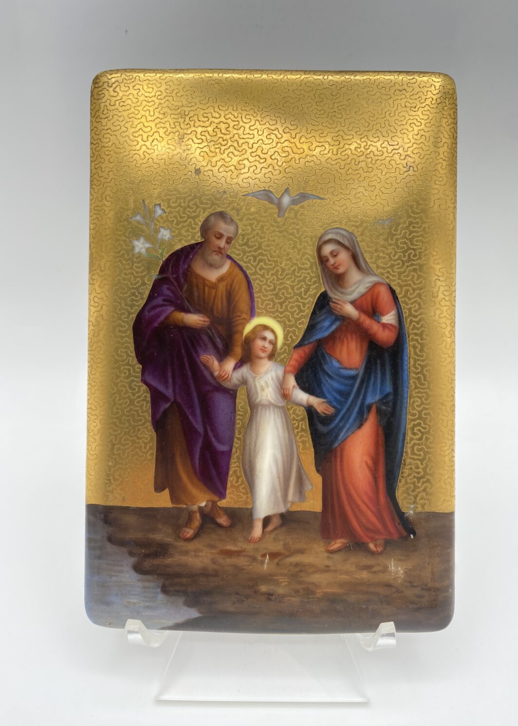 IMPORTANTE E RARA PLACCA IN PORCELLANA DIPINTA A MANO CON ORO ZECCHINO - SACRA FAMIGLIA, FIRENZE E ROMA, FINE OTTOCENTO
