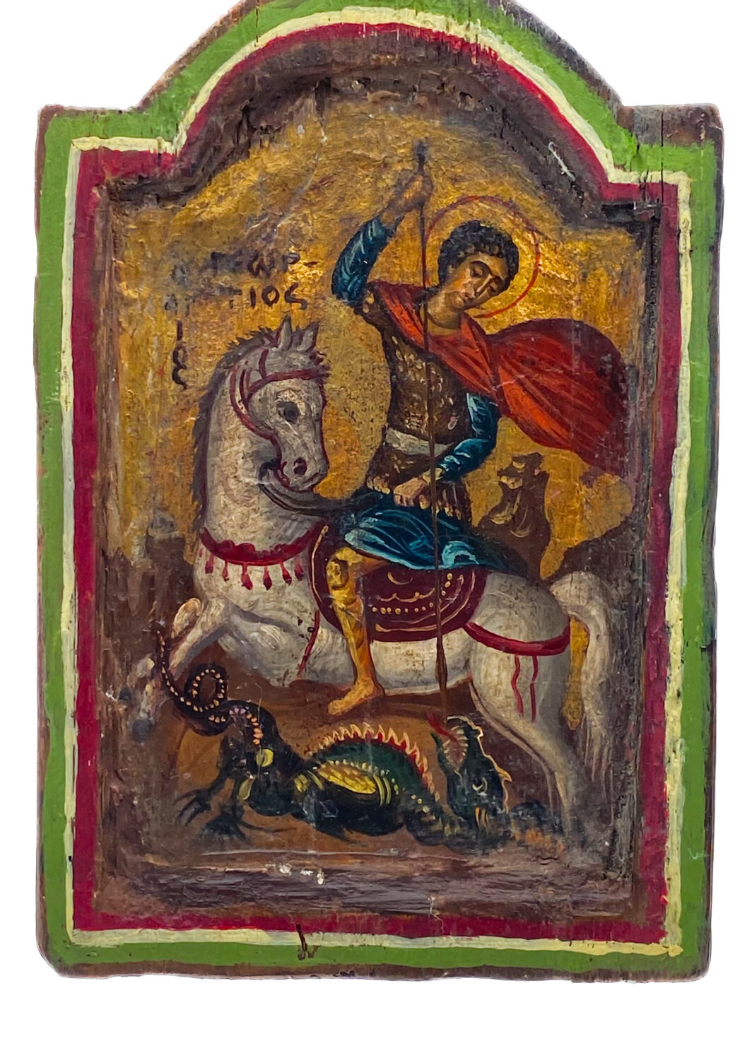 STRAORDINARIA PICCOLA ICONA RUSSA RAFFIGURANTE SAN GIORGIO CHE UCCIDE IL DRAGO. EPOCA XVIII sec.