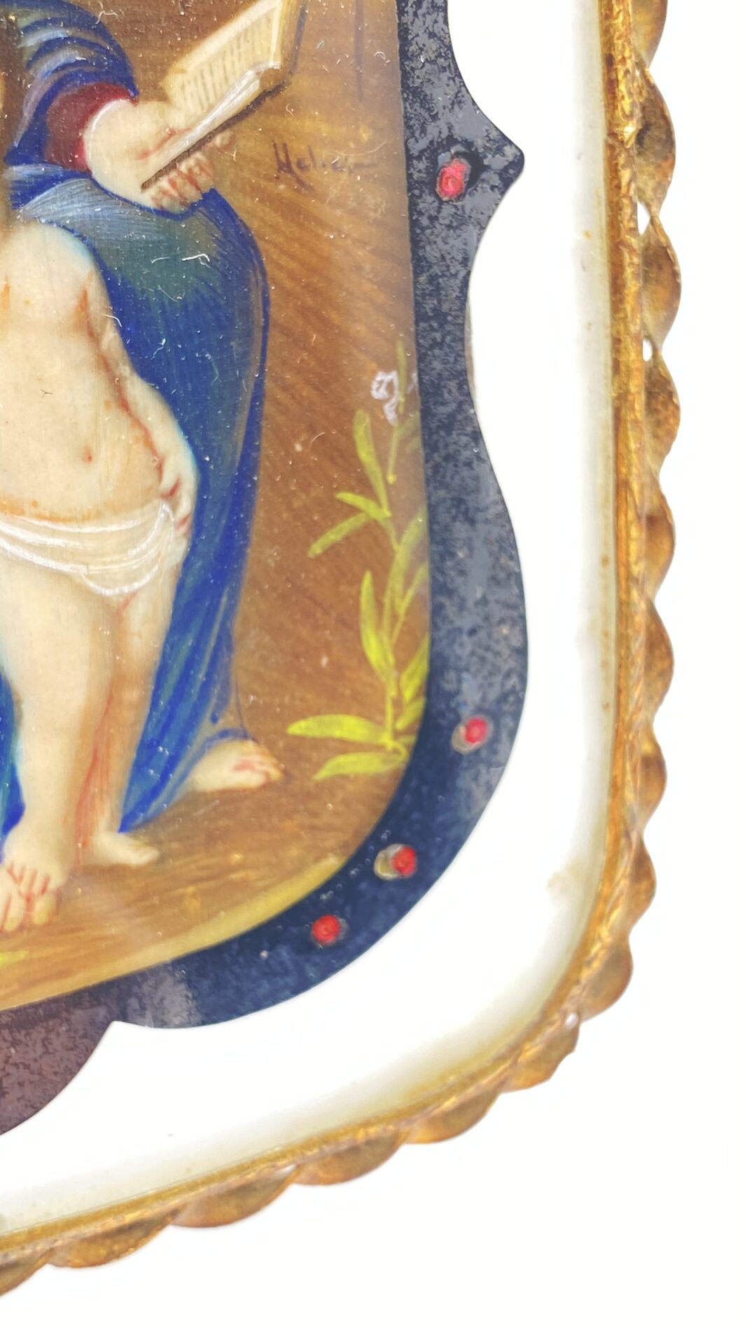 STRAORDINARIA MINIATURA SU AVORIO RAFFIGURANTE IL SUBLIME DIPINTO DELLA “MADONNA DEL CARDELINO” DEL CELEBRE MAESTRO ITALIANO RAFFAELLO SANZIO, CON RAFFINATA CORNICE IN VETRO DIPINTO E ORMOLU FINEMENTE SAGOMATO. ITALIA, SECONDA METÀ O FINE DEL XIX sec. - immagine 5