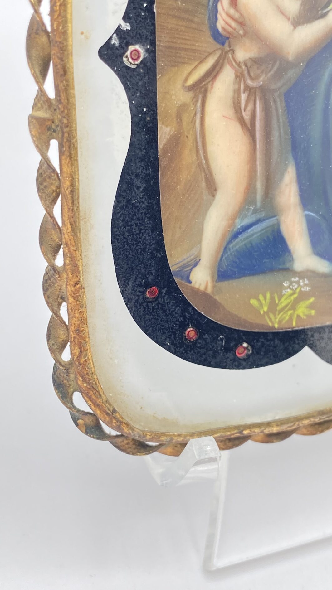 STRAORDINARIA MINIATURA SU AVORIO RAFFIGURANTE IL SUBLIME DIPINTO DELLA “MADONNA DEL CARDELINO” DEL CELEBRE MAESTRO ITALIANO RAFFAELLO SANZIO, CON RAFFINATA CORNICE IN VETRO DIPINTO E ORMOLU FINEMENTE SAGOMATO. ITALIA, SECONDA METÀ O FINE DEL XIX sec. - immagine 4