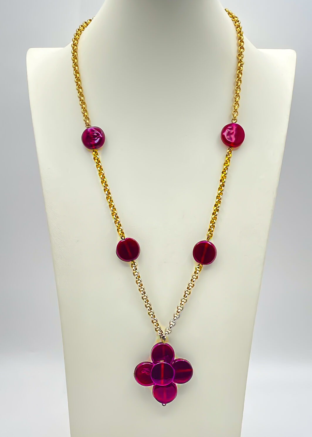 BELLISSIMA COLLANA VINTAGE ANNI ‘80, FIRMATA “RADÀ”, IN METALLO GOLDTONE E VVETRO MURANO.