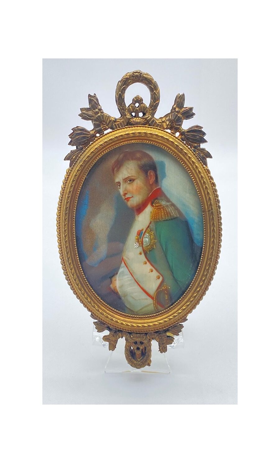NAPOLEONE SU AVORIO STRAORDINARIA MINIATURA OVALE CON SPECCHIO ORIGINALE, XIX SECOLO.