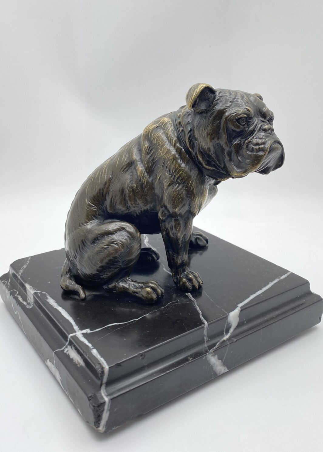 SCULTURA IN BRONZO BULLDOG XIX SECOLO – MANIFATTURA CELSA, BASE IN MARMO NERO
