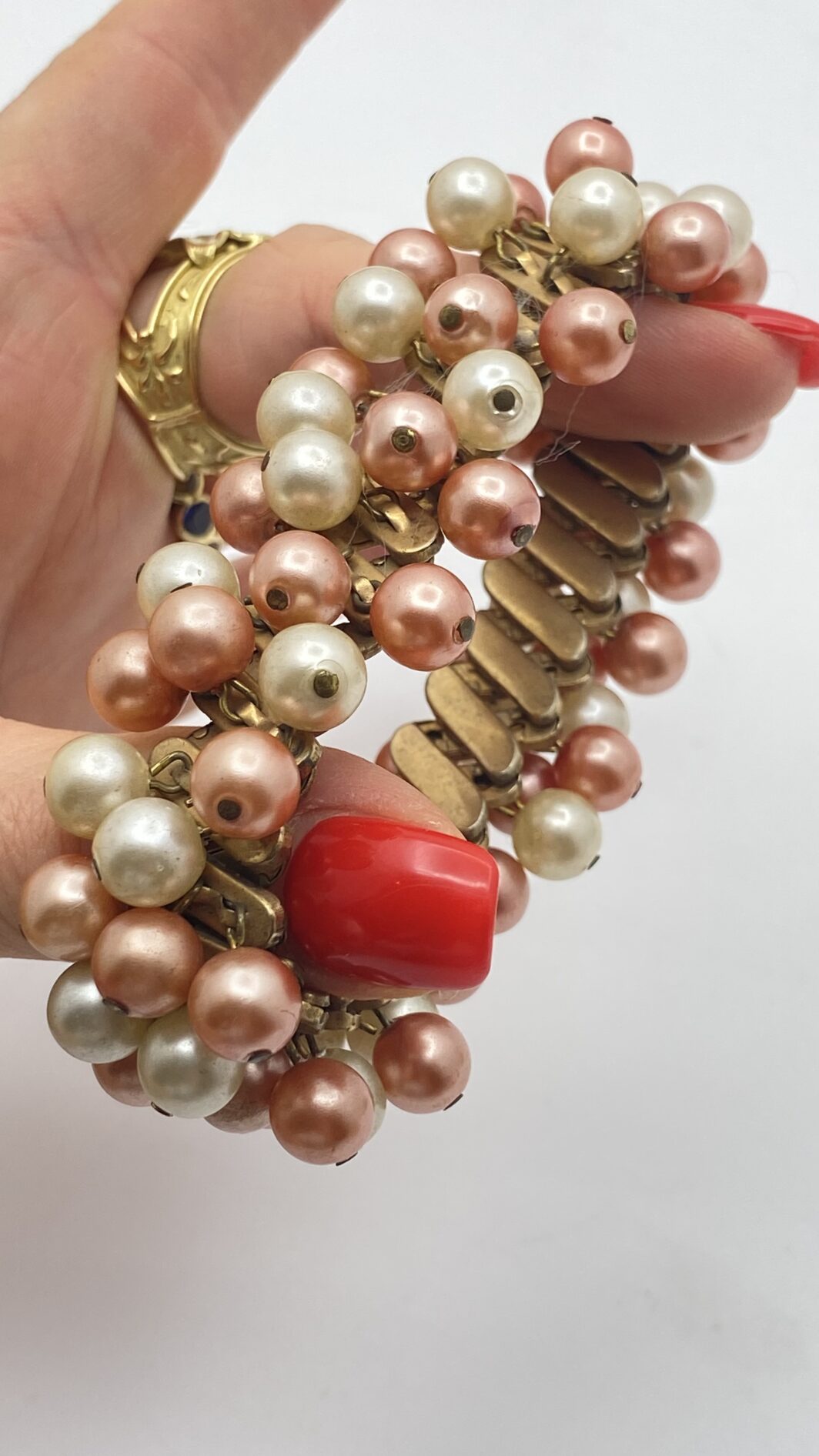 BRACCIALE VINTAGE CHA-CHA ANNI ’30/’40 CON PERLE ROSA E CHAMPAGNE. - immagine 6