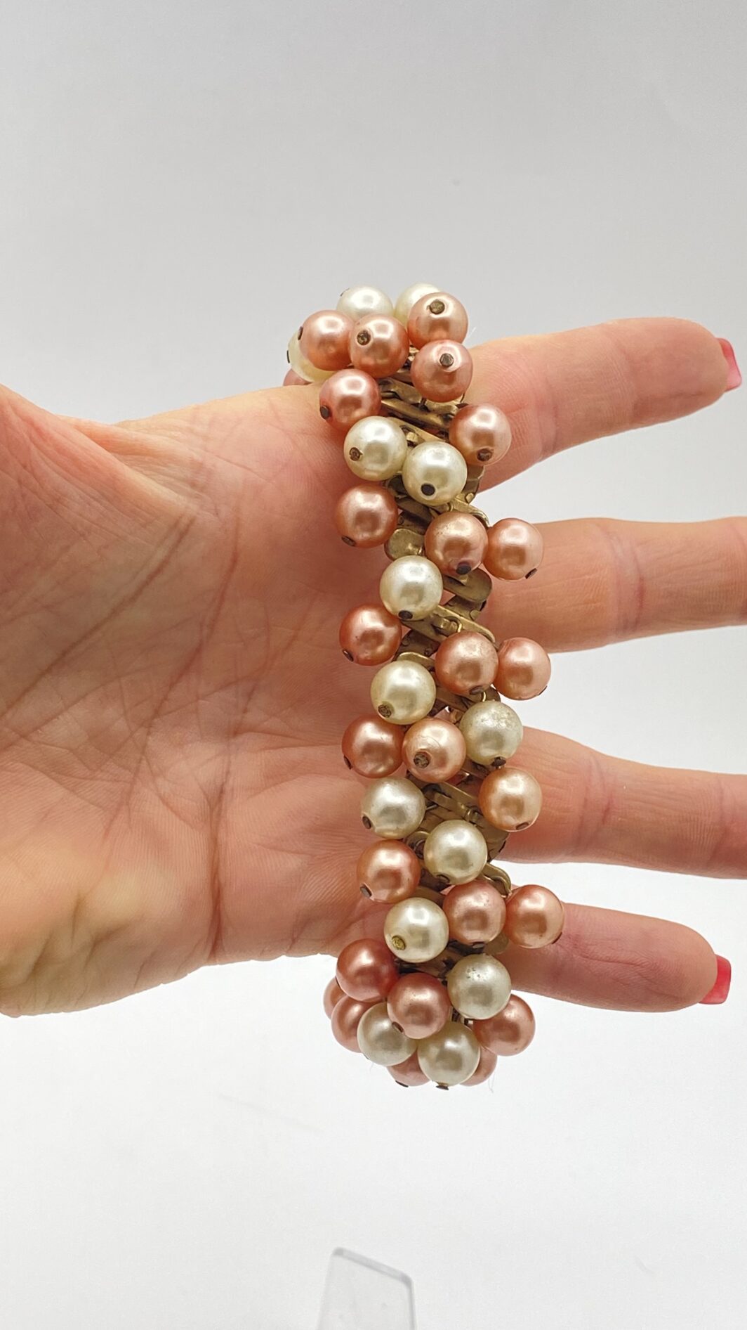 BRACCIALE VINTAGE CHA-CHA ANNI ’30/’40 CON PERLE ROSA E CHAMPAGNE. - immagine 8