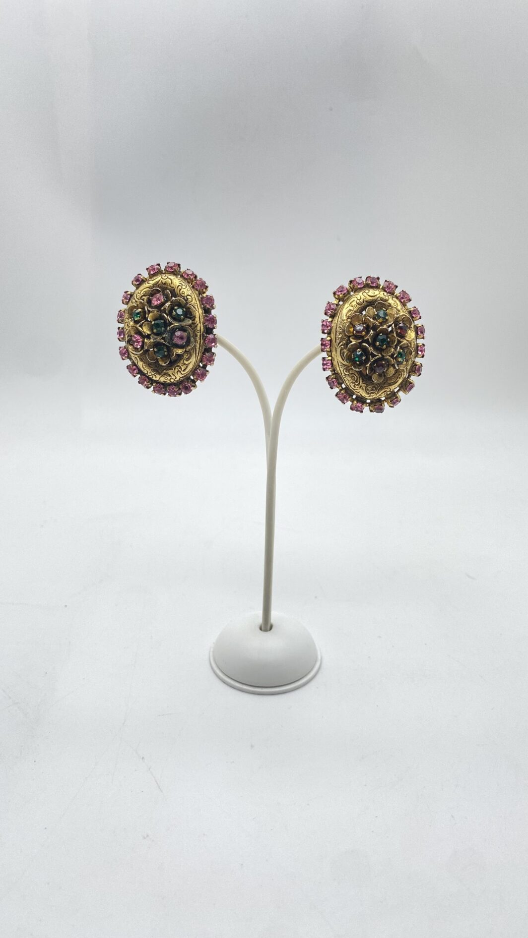 ORECCHINI VINTAGE ANNI ’40 IN PINCHBECK CON STRASS E DECORAZIONI FLOREALI